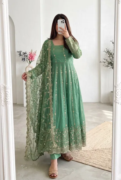 Midnight Black Gold Embroidered Anarkali Suit Set